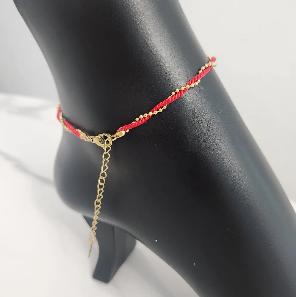 Red Rope String & Gold Beaded Twisted Anklet - Picture 9 of 13